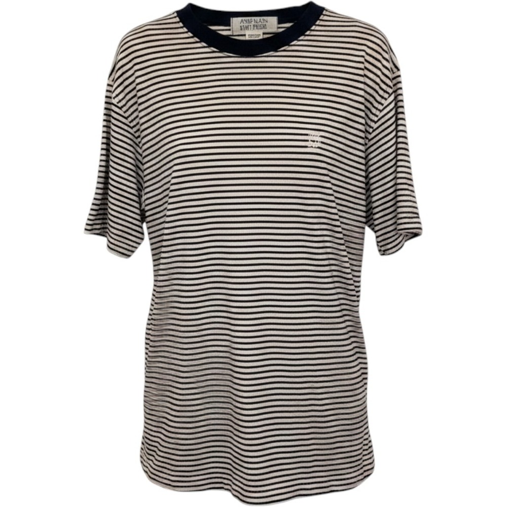 Anne Klein Vintage T-Shirt Large Black White Striped Crew Neck Knit Nautical 90s
